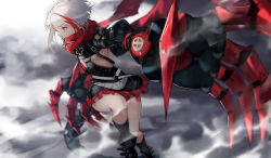 Rule 34 | 1girl, admiral graf spee (azur lane), azur lane, black footwear, blue eyes, boots, breasts, claws, cloud, commentary, cross, english commentary, fins, fish tail, highres, iron cross, leather skirt, looking to the side, mechanical arms, mechanical tail, multicolored hair, red hair, red scarf, scarf, shark tail, short hair, single mechanical arm, small breasts, solo, strap, streaked hair, tail, underboob, white hair, yoshio (55level)