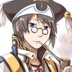 Rule 34 | 1boy, arch bishop (ragnarok online), bell, blue coat, blue eyes, brown-framed eyewear, brown hair, brown hat, coat, commentary request, expressionless, glasses, hat, jacket, jewelry, jingle bell, looking at viewer, male focus, mob cap, natsuya (kuttuki), necklace, parted lips, pince-nez, pipe in mouth, ragnarok online, round eyewear, short hair, simple background, smoking pipe, solo, upper body, white background, white jacket