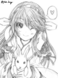 Rule 34 | 10s, 1girl, bare shoulders, rabbit, chicken99, commentary request, detached sleeves, graphite (medium), greyscale, hair ornament, hairband, haruna (kancolle), headgear, heart, highres, japanese clothes, kantai collection, long hair, looking at viewer, monochrome, nontraditional miko, one eye closed, sketch, smile, solo, spoken heart, traditional media, twitter username