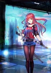 Rule 34 | 10s, 1girl, 2013, belt, black gloves, black pantyhose, breasts, choker, dated, denim, denim shorts, fang, gloves, hair ribbon, katana, pantyhose under shorts, long hair, original, pantyhose, red eyes, red hair, ribbon, scabbard, sheath, sheathed, shorts, signature, sky, small breasts, solo, sword, tianlluo, two side up, weapon, window