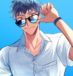 Rule 34 | 1boy, adjusting eyewear, blue background, dress shirt, fate/grand order, fate (series), highres, looking at object, looking at viewer, male focus, ocean, official alternate costume, open collar, orange eyes, reflection, saitou hajime (fate), saitou hajime (tour outfit) (fate), shirt, short hair, short sleeves, simple background, smile, solo, sunglasses, upper body, white shirt, wristband, yayayakan