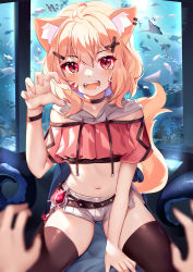 Rule 34 | 1girl, animal ear fluff, animal ears, aquarium, black choker, black thighhighs, blonde hair, cat ears, cat tail, choker, claw pose, commentary, crop top, drawstring, english commentary, facial mark, hair between eyes, hair ornament, hairclip, hand up, highres, indie virtual youtuber, midriff, navel, off-shoulder shirt, off shoulder, pink shirt, red eyes, shirt, short hair, short shorts, shorts, shyrei faolan, sitting, solo focus, squchan, stomach, tail, thighhighs, thighs, virtual youtuber, whisker markings, white shorts