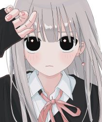 Rule 34 | 1girl, black eyes, blush, closed mouth, ear piercing, earrings, eyes visible through hair, fingernails, food-themed earrings, food themed earrings, grey background, grey hair, hamafugu, highres, jewelry, long fingernails, long hair, looking at viewer, nail polish, original, piercing, pink nails, pink ribbon, ribbon, simple background, sleeves past wrists, solo, strawberry earrings, upper body
