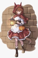 Rule 34 | 1girl, agnes tachyon (umamusume), ahoge, boots, brown footwear, brown hair, capelet, cosplay, cross-laced footwear, full body, holding lamp, hood, hooded capelet, horse girl, jack-o&#039;-lantern, lace-up boots, little red riding hood, little red riding hood (grimm), little red riding hood (grimm) (cosplay), messy hair, peperoncino-sama, red capelet, red eyes, red hood, short hair, smile, solo, umamusume