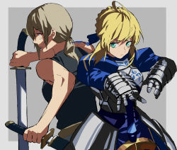 2girls, ahoge, alternate eye color, armor, armored dress, artoria pendragon (all), bare shoulders, blonde hair, breastplate, breasts, chainsaw man, crossover, dual wielding, excalibur (fate/stay night), expressionless, eyebrows visible through hair, fate/stay night, fate (series), gauntlets, green eyes, hair ribbon, highres, holding, holding sword, holding weapon, long hair, medium breasts, multiple girls, ponytail, puffy sleeves, quanxi (chainsaw man), red eyes, ribbon, saber, sdf1313, shirt tucked in, silver hair, sword, tank top, weapon