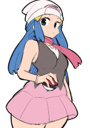 Rule 34 | 1girl, :/, absurdres, alternate breast size, bare legs, bare shoulders, beanie, blue hair, breasts, closed eyes, creatures (company), curvy, dawn (pokemon), game freak, hair ornament, hairpin, hat, highres, holding, holding poke ball, large breasts, long hair, nintendo, outdoors, pink skirt, poke ball, poke ball (basic), pokemon, pokemon dppt, scarf, simple background, skirt, sleeveless, solo, thick thighs, thighs, white background, wide hips, woomochi, wristband