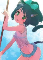 Rule 34 | 1girl, :o, absurdres, animal ear fluff, animal ears, bare arms, bare shoulders, bikini, bikini under clothes, blue bikini, blue bow, blue hair, blush, bow, breasts, cat ears, cat girl, cat tail, cyan (show by rock!!), drill hair, fingernails, green eyes, groin, hair bow, hand up, high ponytail, highres, holding, leaning forward, looking at viewer, navel, nyama, parted lips, ponytail, shirt, show by rock!!, small breasts, solo, swimsuit, tail, tail raised, tied shirt, white shirt