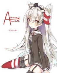 Rule 34 | 10s, 1girl, amatsukaze (kancolle), brown eyes, dress, garter straps, hair tubes, kantai collection, long hair, looking at viewer, sailor dress, sakofu, silver hair, simple background, solo, thighhighs, two side up