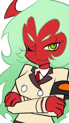 Rule 34 | 10s, 1girl, colored skin, crossed arms, demon girl, fukumitsu (kirarirorustar), long hair, official style, one eye closed, panty &amp; stocking with garterbelt, red skin, scanty (psg), simple background, smile, solo, white background, wink, yellow eyes