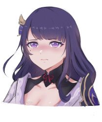 Rule 34 | 1girl, armor, asiri senpai, breasts, cleavage, closed mouth, commentary, crying, crying with eyes open, english commentary, genshin impact, hair ornament, highres, japanese clothes, long hair, looking at viewer, mole, mole under eye, purple eyes, purple hair, raiden shogun, ribbon, sad, shoulder armor, simple background, solo, tears, white background