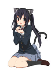 Rule 34 | 1girl, animal ears, black hair, blush, brown eyes, cat ears, cat tail, k-on!, kani biimu, long hair, nakano azusa, open mouth, paw pose, school uniform, simple background, sitting, solo, tail, twintails, wariza