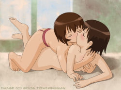 Rule 34 | 2girls, artist name, azumanga daiou, barefoot, black hair, blush, breasts, brown hair, closed eyes, completely nude, couple, dildo, feet, flat chest, from behind, girl on top, grabbing, grabbing another&#039;s breast, groping, hug, kagura (azumanga daioh), kiss, lying, multiple girls, nude, object insertion, on stomach, sex, sex from behind, sex toy, short hair, small breasts, soles, strap-on, takino tomo, topless, toweringman, underwear, vaginal, vaginal object insertion, yuri