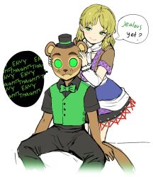 Rule 34 | 1boy, 1girl, animal ears, arm warmers, black pants, black shirt, blonde hair, character request, copyright request, english text, five nights at freddy&#039;s, green eyes, green vest, hat, highres, himuhino, japanese clothes, mizuhashi parsee, multicolored clothes, pants, pointy ears, sash, scarf, shirt, short sleeves, tail, top hat, touhou, vest, weasel ears, weasel tail, white sash, white scarf