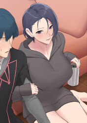 Rule 34 | 1boy, 1girl, alternate costume, black shirt, blue hair, blush, breasts, byleth (fire emblem), byleth (male) (fire emblem), can, commission, contemporary, couch, fire emblem, fire emblem: three houses, grey hoodie, holding, holding can, hood, hood down, hoodie, large breasts, locked arms, long sleeves, looking at another, mixed-language commentary, nintendo, no eyes, on floor, oyatsu 0, purple eyes, purple hair, shamir nevrand, shirt, short hair, sitting, sleeves past wrists, smile, sweatdrop, wooden floor