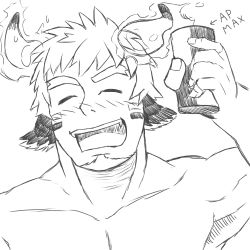 Rule 34 | 1boy, absurdres, animal ears, bara, can, cow boy, cow ears, cow horns, drunk, facepaint, facial hair, fiery horns, forked eyebrows, glowing horns, goatee, greyscale, highres, holding, holding can, horns, looking at viewer, male focus, monochrome, nude, pectorals, portrait, short hair, solo, tatatan (ts kon2), thick eyebrows, tokyo houkago summoners, upper body, wakan tanka