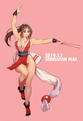 Rule 34 | 1girl, armpits, breasts, brown eyes, brown hair, character name, cleavage, english text, fatal fury, female focus, folded fan, folding fan, full body, hand fan, highres, holding, holding fan, large breasts, long hair, matching hair/eyes, muscular, muscular female, ninja, panties, parted bangs, pelvic curtain, pink background, ponytail, red panties, revealing clothes, shiranui mai, smile, solo, tabi, tiptoes, underwear