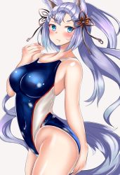 Rule 34 | 10s, 1girl, animal ears, arlonn, blue eyes, blue one-piece swimsuit, blush, breasts, competition swimsuit, detached sleeves, erune, fox ears, fox tail, granblue fantasy, hair ornament, highres, large breasts, long hair, looking at viewer, one-piece swimsuit, pout, silver hair, simple background, societte (granblue fantasy), solo, swimsuit, tail, white background