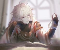 Rule 34 | 1boy, antenna hair, armor, backlighting, black bodysuit, blue eyes, blurry, blurry background, bodysuit, book, bowl, closed mouth, dated, erlenmeyer flask, flask, granblue fantasy, highres, holding, holding flask, hooded robe, lucilius (granblue fantasy), male focus, robe, short hair, shoulder armor, solo, table, turtleneck, upper body, white hair, white robe, window, wristband, yct (yoct o)