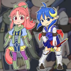 Rule 34 | 2girls, ahoge, blue eyes, blue hair, blue skirt, bow, brown footwear, cape, chibi, closed mouth, crescent, crescent hair ornament, dress, full body, gloves, green gloves, hair between eyes, hair bow, hair ornament, holding, holding sword, holding weapon, loafers, long hair, long sleeves, looking at viewer, loose socks, millie chliette, multiple girls, nijibashiri, pink eyes, pink hair, pink thighhighs, pointy ears, ponytail, red cape, rena lanford, shirt, shoes, short hair, signature, skirt, smile, socks, standing, star ocean, star ocean first departure, star ocean the second story, sword, tail, thighhighs, turtleneck, weapon, white shirt, white thighhighs