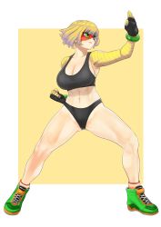 Rule 34 | 1girl, absurdres, anagumasan, arms (game), blonde hair, blunt bangs, breasts, cleavage, domino mask, facepaint, fighting stance, food, full body, green eyes, highres, legs, looking at viewer, mask, min min (arms), navel, nintendo, noodles, pantied, serious, short hair, solo, super smash bros., tank top, underwear
