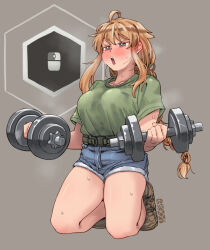 Rule 34 | 1girl, ahoge, belt, blonde hair, blue eyes, blush, boots, braid, breasts, bright pupils, brown footwear, collarbone, denim, denim shorts, dumbbell, ergot, escape from tarkov, exercising, floating hair, full body, gameplay mechanics, green shirt, grey background, half-closed eyes, holding, indie virtual youtuber, kneeling, large breasts, long hair, computer mouse, open mouth, quick time event, shirt, shirt tucked in, short shorts, short sleeves, shorts, sidelocks, signature, solo, steaming body, sweat, t-shirt, thighs, v-shaped eyebrows, virtual youtuber, weightlifting, whiskey project, white pupils