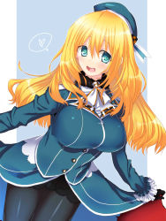 Rule 34 | 1girl, atago (kancolle), beret, black gloves, black skirt, blonde hair, blue background, blue coat, blue hat, breasts, coat, cowboy shot, gloves, green eyes, hair between eyes, hat, highres, kantai collection, large breasts, lips, long hair, looking back, military, military uniform, mousou raichi, open mouth, pantyhose, skirt, solo, uniform, white background