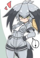 Rule 34 | !, ..., ...!, 1girl, :/, belt, bird girl, bird tail, bird wings, black gloves, blonde hair, blush stickers, bodystocking, breast pocket, breasts, brown hair, chibi, closed mouth, collared shirt, cowboy shot, fingerless gloves, gloves, green eyes, grey hair, grey shirt, grey shorts, hair between eyes, hands on own hips, head wings, impossible clothes, impossible shirt, kemono friends, layered sleeves, long hair, long sleeves, looking at viewer, medium breasts, multicolored hair, necktie, pocket, shirt, shoebill (kemono friends), short over long sleeves, short sleeves, shorts, side ponytail, solo, spoken ellipsis, tail, white necktie, wing collar, wings, wirou
