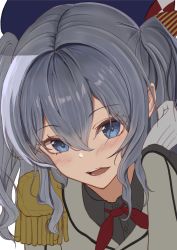 Rule 34 | 1girl, blue eyes, commentary request, epaulettes, gloves, grey hair, highres, jacket, kantai collection, kashima (kancolle), long hair, long sleeves, looking at viewer, military, military jacket, military uniform, neckerchief, red neckerchief, sidelocks, solo, taki rentaro, twintails, unfinished, uniform, upper body, wavy hair, white gloves, white jacket