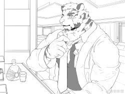 Rule 34 | 1boy, adjusting clothes, adjusting necktie, alternate costume, animal ears, arknights, bara, blue eyes, facial hair, furry, furry male, goatee, greyscale, large hands, looking at viewer, male focus, me-me (mouact2), monochrome, mountain (arknights), necktie, scar, scar across eye, short hair, sideways glance, solo, thick eyebrows, tiger boy, tiger ears, white hair