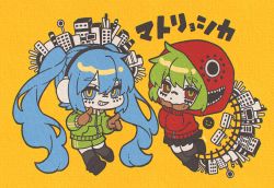 Rule 34 | 2girls, blue eyes, chibi, cityscape, facepaint, full body, green eyes, green hair, grin, gumi, hands on own face, hatsune miku, headphones, highres, hn (artist), hood, hood up, hoodie, long hair, matryoshka (vocaloid), multicolored eyes, multiple girls, piercing, pointing, red eyes, ringed eyes, short hair, shorts, skirt, smile, smiley face, twintails, vocaloid, yellow background, yellow eyes