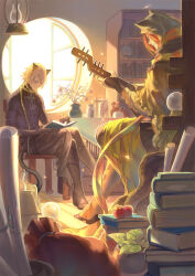 Rule 34 | 2boys, animal ears, armlet, black gloves, blonde hair, book, bookshelf, braid, cat boy, cat ears, cat tail, cloak, closed eyes, crossed legs, dusk, gauntlets, globe, gloves, green cloak, hair scarf, hanging lantern, highres, indoors, instrument, lamento, leaks, light particles, light rays, loaded interior, long hair, male focus, multiple boys, music, naked cat, on chair, open book, open window, orange hair, pile of books, plant, playing instrument, potion, potted plant, reading, round window, sack, scroll, shui (lamento), single braid, sitting, spiked armlet, spiked boots, table, tail, very long hair, window
