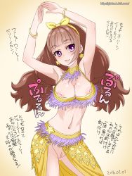 Rule 34 | 1girl, amanogawa kirara, arabian clothes, armpits, arms up, bad id, bad pixiv id, bracelet, breasts, brown hair, earrings, female focus, ginko (silver fox), go! princess precure, hair ribbon, inverted nipples, jewelry, large breasts, long hair, looking at viewer, midriff, navel, nipples, parted lips, precure, purple eyes, pussy, ribbon, smile, solo, star (symbol), star earrings, translation request, uncensored