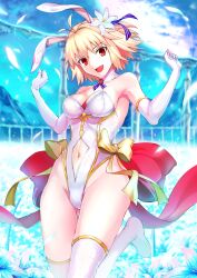 Rule 34 | 1girl, absurdres, animal ears, arcueid brunestud, bare shoulders, blonde hair, blush, breasts, cleavage, clothing cutout, detached collar, elbow gloves, fake animal ears, gloves, harukey, highleg, highleg leotard, highres, large breasts, leotard, looking at viewer, navel, navel cutout, open mouth, playboy bunny, rabbit ears, red eyes, short hair, smile, solo, thighhighs, thighs, tsukihime, white gloves, white leotard, white thighhighs