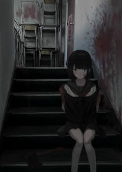 Rule 34 | 1girl, 38 (sanjuuhachi), absurdres, bag, black hair, black sailor collar, black skirt, blood, blood on face, blood on hands, blood on wall, closed mouth, commentary, desk, feet out of frame, highres, holding, holding bag, horror (theme), indoors, kneehighs, looking at viewer, neckerchief, on stairs, original, photo background, red neckerchief, sailor collar, school desk, school uniform, serafuku, shirt, short hair, sitting, skirt, smile, socks, solo, stairs, white socks, white shirt