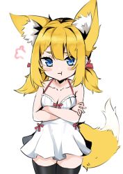 Rule 34 | 1girl, animal ear fluff, animal ears, annoyed, black thighhighs, blonde hair, blue eyes, blush stickers, breasts, cleavage, crossed arms, dress, fox ears, fox girl, fox tail, highres, long hair, looking at viewer, nasumikan (nodoame241), original, pout, ribbon, short dress, solo, sundress, tail, thighhighs, thighs, twintails, white dress