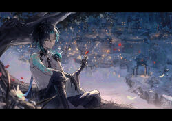 Rule 34 | 1boy, absurdres, aqua hair, armor, autumn leaves, black gloves, black hair, black shorts, blonde hair, blurry, chinese clothes, cityscape, depth of field, expressionless, genshin impact, gloves, highres, hitohachan, jewelry, letterboxed, male focus, multicolored hair, necklace, night, pearl necklace, short hair, shorts, shoulder armor, single sleeve, sitting, tree, two-tone hair, wide sleeves, xiao (genshin impact)
