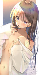 Rule 34 | 1girl, blush, breasts, brown hair, chita (ketchup), collarbone, grey eyes, hair between eyes, half-closed eye, hands up, highres, long hair, long sleeves, looking at viewer, naked shirt, navel, off shoulder, open clothes, open mouth, open shirt, original, shirt, signature, sleeves past wrists, small breasts, solo, uneven eyes, v-shaped eyebrows, very long hair