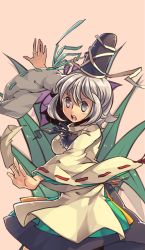 Rule 34 | 1girl, blue eyes, female focus, hat, highres, japanese clothes, kariginu, long sleeves, mononobe no futo, open mouth, ponytail, short hair, silver hair, skirt, solo, tate eboshi, touhou, wenny02, wide sleeves