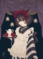 Rule 34 | 1girl, absurdres, animal ears, apron, black background, black kimono, bolo tie, bow, brooch, brown hair, camellia, cat ears, closed mouth, commentary, curtains, flower, frilled apron, frills, hair bow, highres, holding, holding tray, japanese clothes, jewelry, kimono, lace trim, lamp, long sleeves, looking at viewer, maid, maid apron, medium hair, original, purple eyes, red bow, red flower, seal impression, signature, solo, striped clothes, striped kimono, symbol-only commentary, teapot, tray, ushiyama ame, wa maid, wavy hair, white apron, white flower, wide sleeves