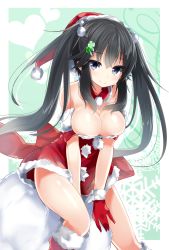 Rule 34 | 1girl, bare shoulders, black eyes, black hair, breasts, christmas, cleavage, gloves, hair ornament, hairclip, hat, highres, kakao (chocolate land), long hair, looking at viewer, original, red gloves, santa hat, smile, snowflakes, solo, twintails