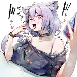 Rule 34 | 1girl, ahoge, alternate costume, animal collar, animal ear fluff, animal ear piercing, animal ears, bare shoulders, black collar, black shirt, blush, bra, bra strap, breast rest, breasts, can, cat ears, cat girl, cat tail, collar, commentary request, double-parted bangs, dutch angle, hair between eyes, highres, holding, holding can, hololive, ikayaki (ikayaki4), large breasts, messy hair, multiple piercings, nekomata okayu, off-shoulder shirt, off shoulder, open mouth, purple bra, purple eyes, purple hair, shirt, short hair, short sleeves, solo, t-shirt, tail, tearing up, tongue, tongue out, underwear, virtual youtuber