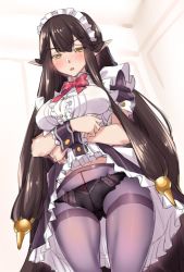 Rule 34 | 1girl, absurdly long hair, alternate costume, black hair, black panties, blush, breasts, cleavage cutout, clothes lift, clothing cutout, commentary request, dress, dress lift, enmaided, fate/apocrypha, fate (series), frills, lifting own clothes, long hair, looking at viewer, maid, maid headdress, panties, panties under pantyhose, pantyhose, pointy ears, puffy short sleeves, puffy sleeves, semiramis (fate), shirokuma a, short sleeves, skirt, skirt lift, solo, spikes, standing, underwear, very long hair, yellow eyes