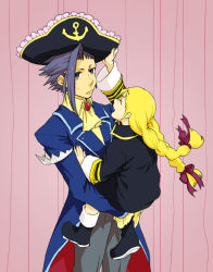 Rule 34 | 00s, 1boy, 1girl, bad id, bad pixiv id, blonde hair, blue hair, braid, closed eyes, hat, long hair, ohema, patty fleur, pink background, tales of (series), tales of vesperia, twin braids, yeager (tales)