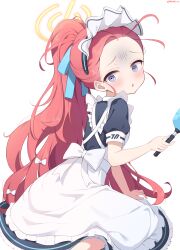 Rule 34 | 1girl, absurdres, artist name, blue archive, blue ribbon, blush, commentary, exusiai dust, hair ribbon, highres, long hair, looking at viewer, looking back, maid, maid headdress, official alternate costume, ponytail, puffy short sleeves, puffy sleeves, purple eyes, red hair, ribbon, short sleeves, simple background, sitting, solo, white background, yellow eyes, yuzu (blue archive), yuzu (maid) (blue archive)