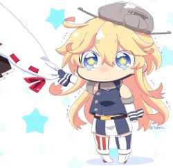 Rule 34 | 10s, 2girls, bare shoulders, blonde hair, blue eyes, chibi, clothes grab, commentary request, fingerless gloves, gloves, iowa (kancolle), kantai collection, long hair, multiple girls, nontraditional miko, sleeve grab, solo focus, star-shaped pupils, star (symbol), symbol-shaped pupils, tears, trembling, tsukko (3ki2ne10), twitter username, aged down