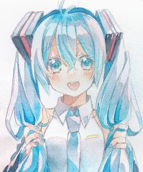 Rule 34 | 1girl, aqua eyes, aqua hair, aqua nails, aqua necktie, bad id, bad twitter id, bare shoulders, black sleeves, commentary, detached sleeves, grey shirt, hair ornament, hands up, hatsune miku, highres, holding, holding own hair, long hair, looking at viewer, nail polish, necktie, nuko 0108, open mouth, painting (medium), shirt, sleeveless, sleeveless shirt, smile, solo, traditional media, twintails, upper body, very long hair, vocaloid, watercolor (medium)