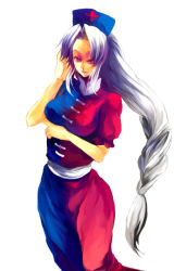 Rule 34 | 1girl, braid, breasts, cross, cross print, female focus, hand in own hair, hand up, hat, large breasts, long hair, puffy short sleeves, puffy sleeves, red eyes, short sleeves, simple background, single braid, solo, standing, touhou, very long hair, white background, white hair, yagokoro eirin