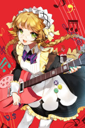 Rule 34 | 1girl, apron, bow, braid, brown hair, cherrypin, frills, glasses, green eyes, guitar, instrument, long hair, lowres, maid, maid apron, maid headdress, mop maid, musical note, nail polish, open mouth, solo, sword girls, thighhighs, twin braids, white thighhighs
