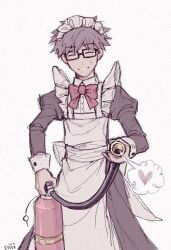Rule 34 | apron, black eyes, closed eyes, hands up, heart (symbol), lee eun-hyuk, light brown hair, long hair, looking at viewer, maid, maid apron, maid headdress, open mouth, simple background, smile, sweet home (manhwa), white background