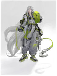 Rule 34 | 1girl, absurdres, armband, belt, closed mouth, collarbone, earrings, eyepatch, gloves, goyoyoo, grey eyes, grey hair, highres, holding, holding rope, jewelry, long hair, original, rope, shoes, single earring, sneakers, solo, very long hair, white gloves, white hair, wrench
